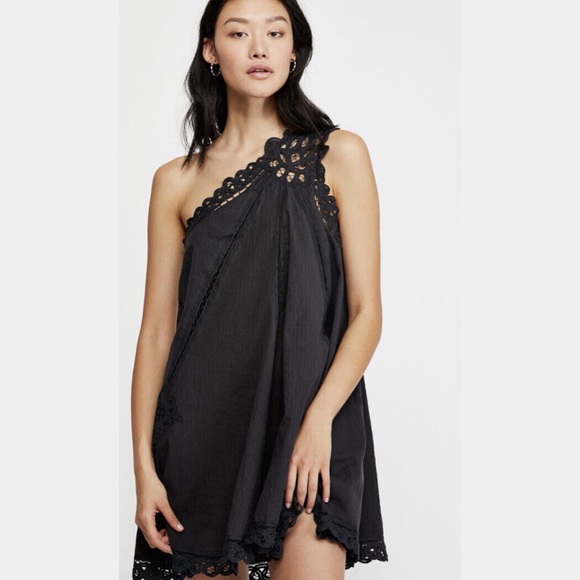 Free People Lace Trim One Shoulder Mini Dress Black • XS - Picture 2 of 8